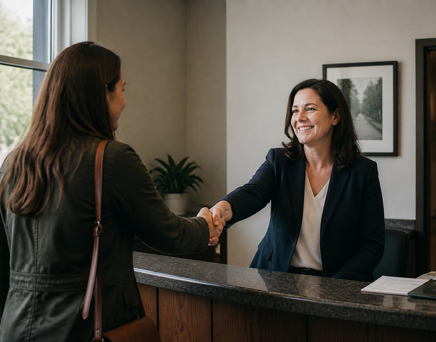 Recepção acolhedora de cliente no escritório de advocacia